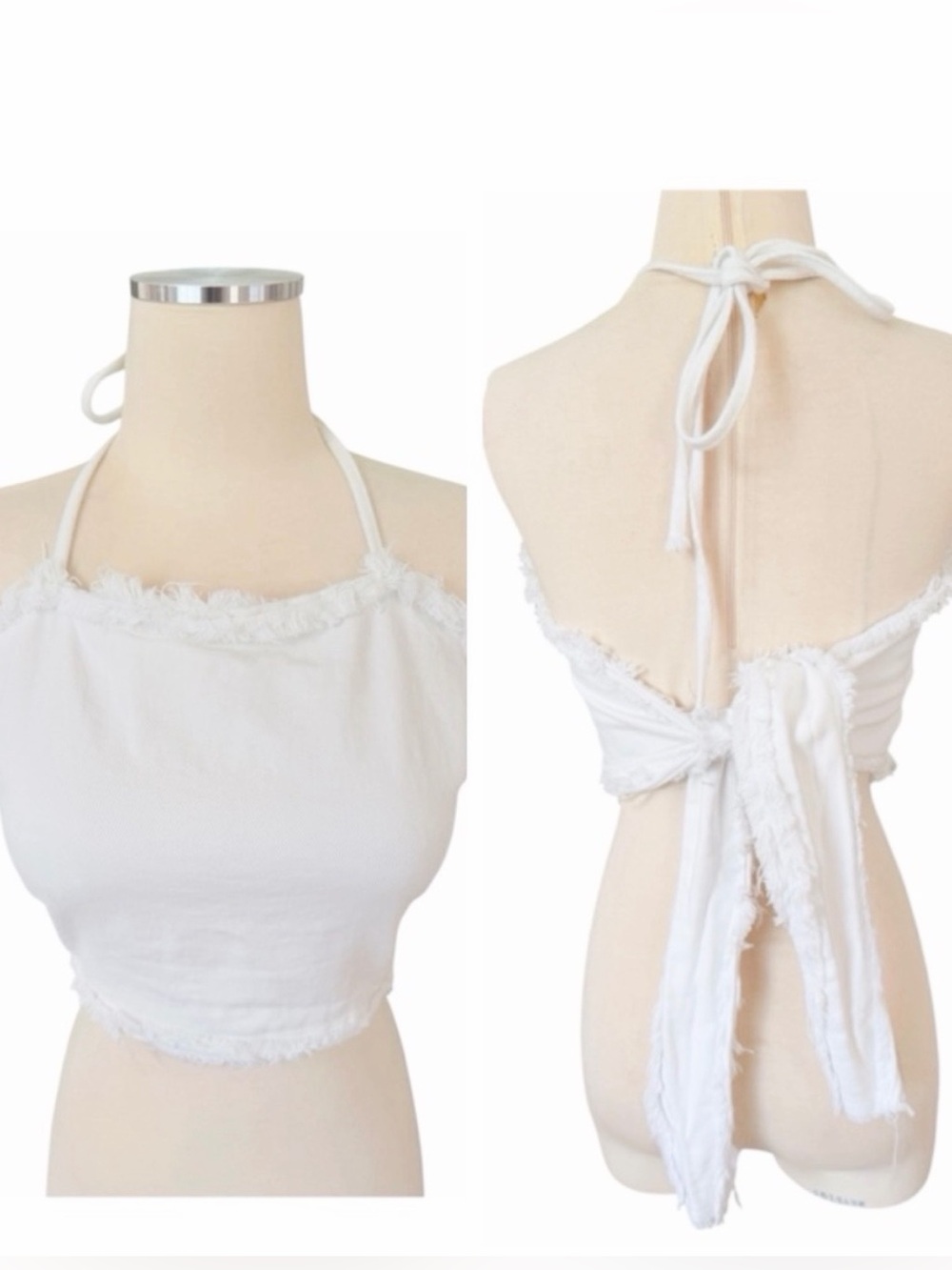 Fate White Denim Frayed Halter Crop Top Sz S/M